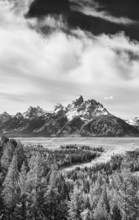 Majestic peaks of Grand Teton National Park in Wyoming captured in stunning black and white,