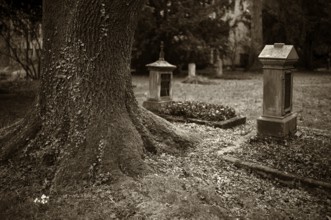 Tombstones, graves, historic old cemetery, black and white, vintage, sepia, Fellbach,