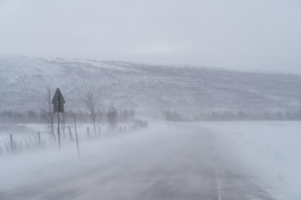 A blizzard envelops a remote road in Swedish Lapland, obscuring distant snow-covered hills and