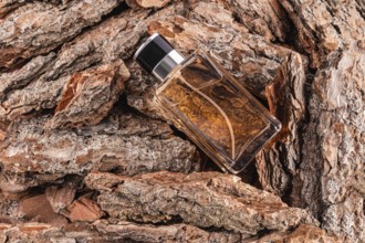 A glass male perfume bottle with amber liquid rests on rugged tree bark, creating a contrast