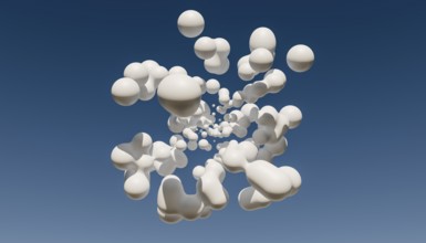 This 3D render depicts multiple abstract white shapes floating against a vivid blue sky. The shapes