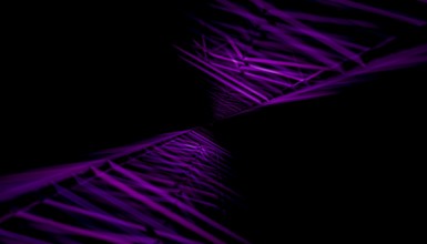 This digital artwork features a 3D rendered illustration of an abstract, geometric tunnel in shades