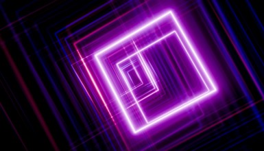 Vibrant purple and pink neon lights create an abstract square tunnel effect in this high-resolution