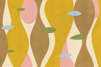 This abstract background features a colorful, retro-inspired pattern with organic shapes in shades