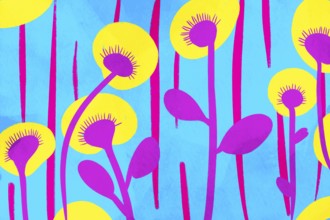 This lively illustration depicts abstract flowers with bright yellow and purple hues on a vivid
