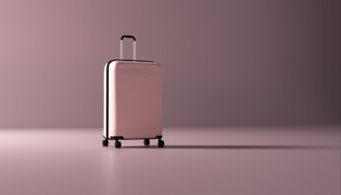 A 3D illustration of a pink suitcase shown at an angle, featuring wheels and a telescopic handle.
