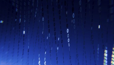 A 3D rendered illustration of binary code floating across a gradient blue background. The numbers