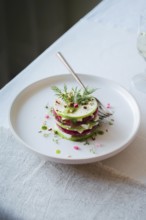 Top view of a colorful gourmet salad stacked with alternating slices of radish and cucumber,