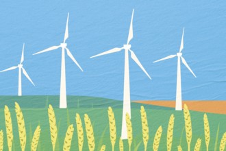 A vibrant energy farm featuring multiple wind turbines surrounded by golden crops under a clear