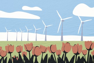 Colorful tulips bloom in the foreground while large wind turbines rotate in the background,