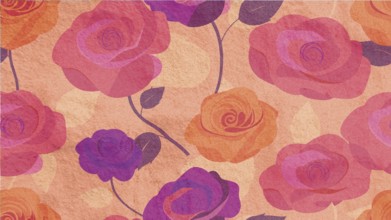 Colorful roses bloom in shades of pink, purple, and orange, creating a lively illustration. The