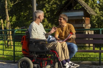Two friends sit together on a park bench, one in a wheelchair by cerebral palsy and the other