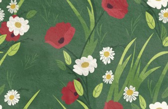 Colorful flowers bloom in spring, featuring red poppies and white daisies surrounded by fresh green