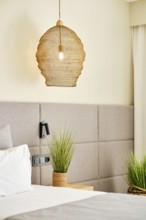 A cozy hotel room featuring a woven pendant lamp, soft gray headboard, and lush green plants. The