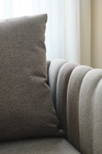 Close-up of a plush pillow on a stylish sofa, embodying modern luxury and elegance. The soft fabric