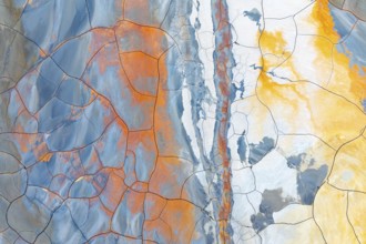 Aerial view of multicolored cracked mud showing vibrant hues of blue, orange, and yellow This