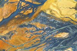 A vibrant abstract composition blending warm and cool tones in organic, flowing textures The