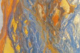 A vibrant abstract image showcasing dynamic swirling patterns in blue, orange, and yellow hues The