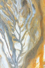 A vibrant abstract image featuring intertwining flows of earthy orange, gray, and white tones The