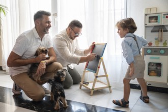 A joyful moment with a gay couple and their son, surrounded by joyful pets, sharing laughter and