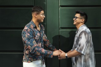 A latin gay happy couple smiles warmly at each other while holding hands, standing against a green