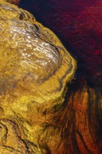 A close-up of the vibrant rock and water colors of the Riotinto river in Huelva, Spain The rich