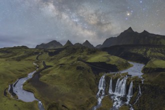 Captivating Icelandic scene with a lush green landscape, a winding river, and a cascading