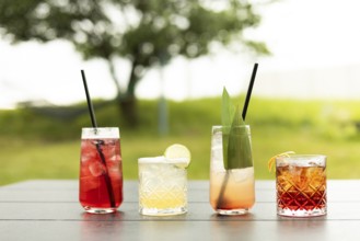 A variety of colorful cocktails in elegant glasses sit on an outdoor table, set against a natural,