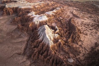 Aerial shot capturing the intricate rock formations and textured landscape of Goblin Valley State