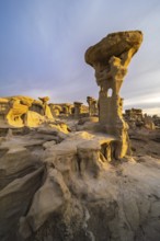 Sunrise illuminates the unique rock formations in Bisti De-Na-Zin Wilderness, New Mexico The