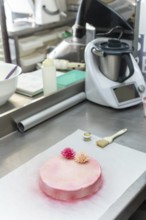 A beautifully crafted pink cake with gold dust sits elegantly on a stainless steel countertop in an