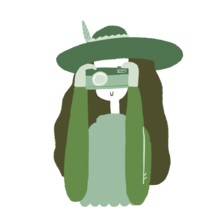A simple, stylized illustration of a woman wearing a green hat and dress, holding a vintage camera