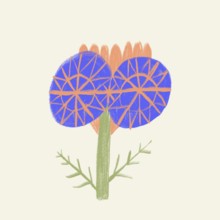 A vibrant digital artwork showcasing a stylized spring flower with geometric blue petals and a
