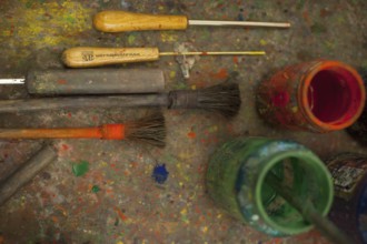 Istanbul, Turkey. May 20th 2017 Paint, brushes and tools in Turkish Ebru studio