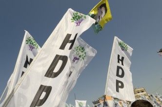 Istanbul, Turkey. April 12th 2015 HDP political banners flying at the launch of 2015 Turkish