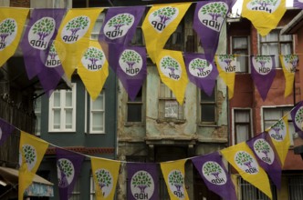 Istanbul, Turkey. May 30th 2015 HDP party political banners flying in Fatih neighbourhood,