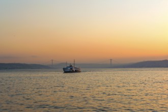 Istanbul, Turkey. Beautiful misty sunrise over the Bosporus, with the European and Asian shores as