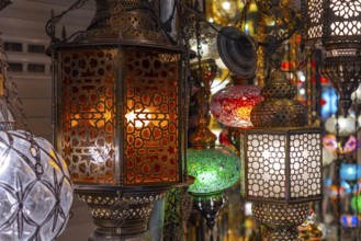 Colorful traditional Middle Eastern lamps for sale in an Istanbul Bazaar, Turkey