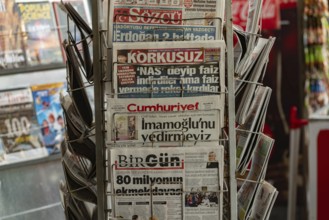 Istanbul, Turkey. November 10th 2022 Turkish newspapers and magazines for sale outside a kiosk in