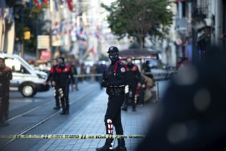 Istanbul, Turkey. 13th November 2022 Armed Turkish motorcycle police cordon off Istiklal Street