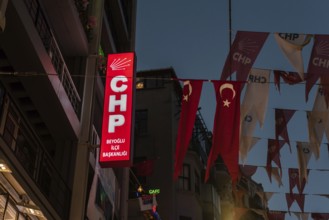 Istanbul, Turkey. October 5th 2021 Illuminated sign for the Beyoglu office of the CHP political
