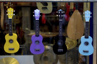 Istanbul, Turkey. October 3rd 2021 Colorful toy guitars for sale outside a musical instrument shop
