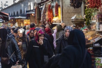 Istanbul, Turkey. November 21st 2023 A crowded bazaar with Turkish women shopping in a local