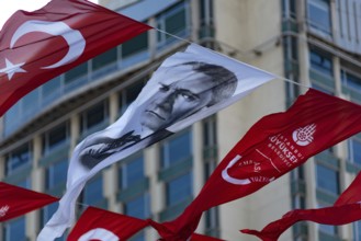 Istanbul, Turkey. November 22nd 2023 Banner with a portrait of Mustafa Kemal Ataturk, on the 100th