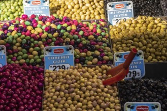 Istanbul, Turkey. November 21st 2023 Brightly coloured local Turkish olives displayed for sale in