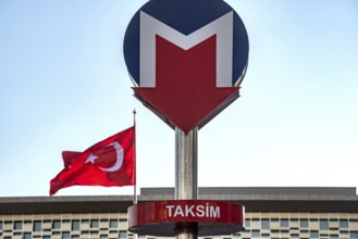 Istanbul, Turkey. November 22nd 2023 Red, White and Blue Sign for Taksim Metro with the Turkish