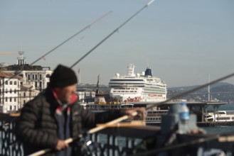 Istanbul, Turkey. November 14th 2023 A huge cruise ship carrying tourists moored in Karakoy, at the