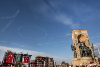 Istanbul, Turkey. October 29th 2023 Planes write the number 100 in the sky above the Mustafa Kemal