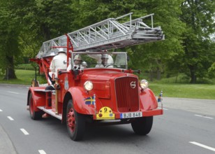 Volvo veteran fire truck built in 1938 at fire truck rally in Ystad, Skåne County, Sweden,