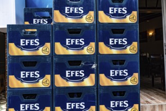 Istanbul, Turkey. September 21st 2021 Crates of Turkish Effes Beer stacked outside a Taksim Pub,